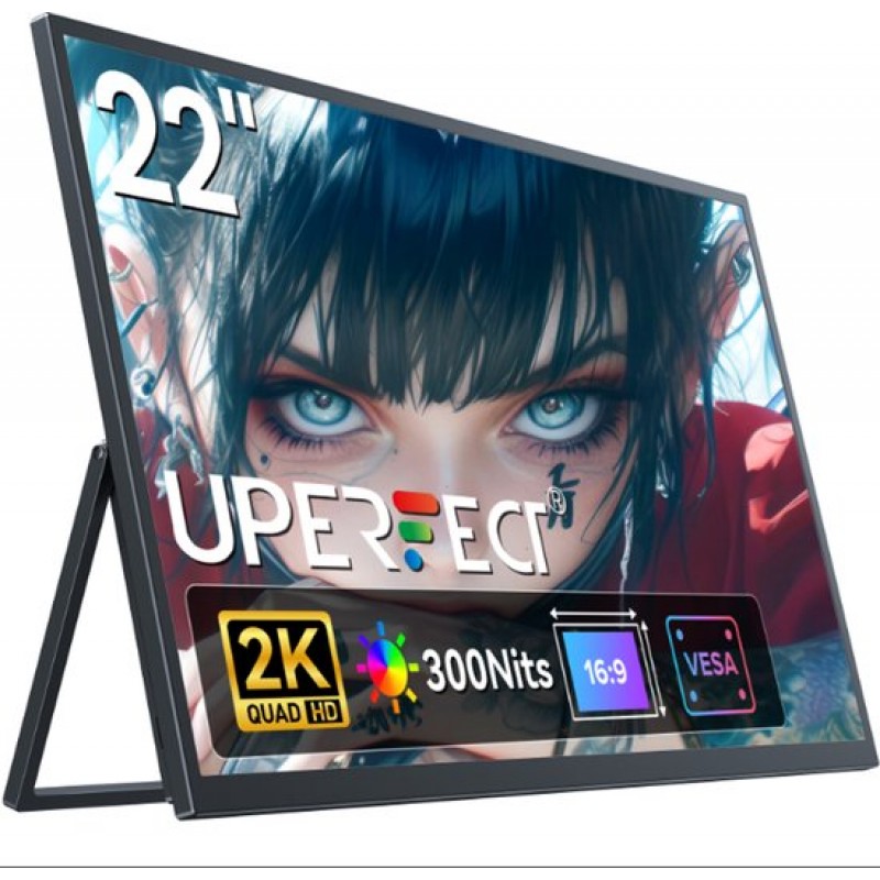 UPERFECT 22" T01 2K Draagbaar Monitor | 100% sRGB IPS Draagbaar scherm | USB-C Opladen 1000:1| voor Thuiswerken/Gaming voor laptop/Switch/MacBook VESA-bevestiging