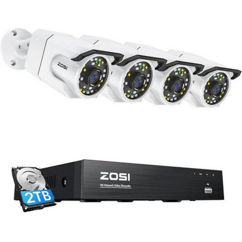 ZOSI - C105*4+NVR 2TB HDD - Set van vier ZOSI C105 WiFi 8MP IP-camera's + recorder + 2TB HDD.