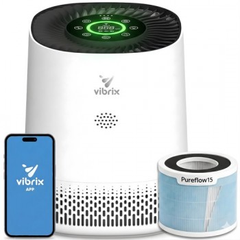 Vibrix PureFlow15 Luchtreiniger / Air Purifier – HEPA H13 + koolstoffilter inbegrepen – 100 m³/u, voor kamers tot ca. 15 m² – Ionisator – App-bediening – Zeer stil & slaapstand – Luchtkwaliteitindicator – Helpt bij stof, pollen & huisstofmijt