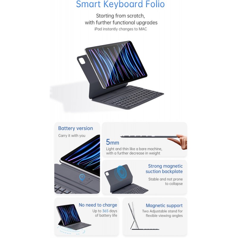Toetsenbord Hoes Geschikt voor iPad Air 11 inch (2026, M4/2025, M3/2024, M2) - Casemania Bluetooth Magnetisch Smart Folio Draadloos Keyboard Case met Stand - Smart Cover met QWERTY Wireless Toetsenbord - Grijs