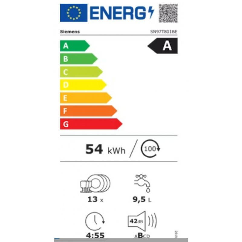 Siemens SN97T801BE - 5 speciale functies waaronder Home Connect via WiFi, capaciteit 13 standaard couverts, geluidsniveau 41-42 dB(A), machineCare, doseerAssistent, zeolith-droogsysteem, autoOpen Dry, aquaSensor, open Assist, sideLight
