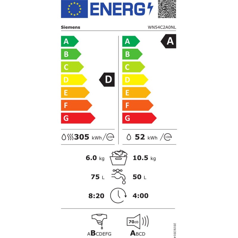 Siemens WN54C2A0NL - IQ700 - Was-droogcombinatie - 10.5/6 kg - Automatisch doseren - smartFinish: minder kreukels - speedPack XL: versnel je wasprogramma